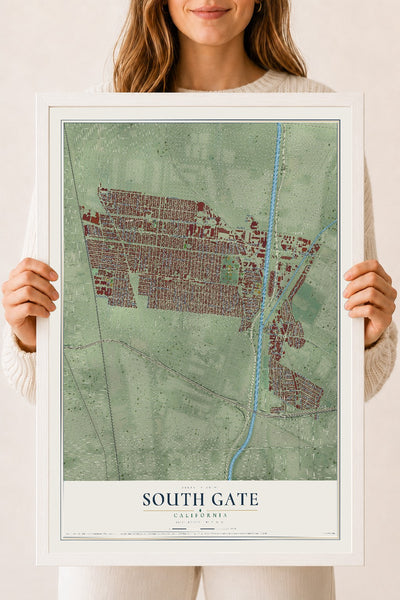 Map of South Gate, California, 18 x 24 inch print in a white wood frame