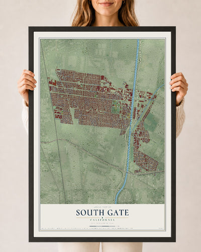 Map of South Gate, California, 24 x 36 inch print in a black wood frame