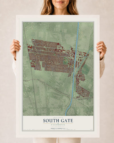 Map of South Gate, California, 24 x 36 inch print in a white wood frame