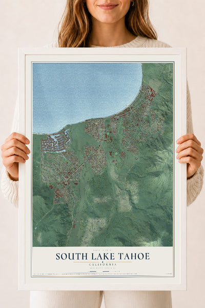 Map of South Lake Tahoe, California, 18 x 24 inch print in a white wood frame