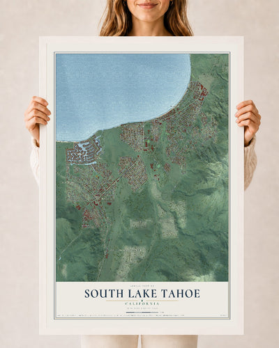 Map of South Lake Tahoe, California, 24 x 36 inch print in a white wood frame