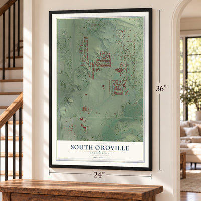 South Oroville, California map, 24 x 36 inch print in a black frame by a staircase