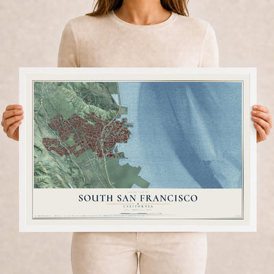 Map of South San Francisco, California, 12 x 18 inch print in a white wood frame