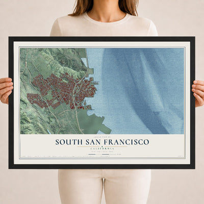 Map of South San Francisco, California, 18 x 24 inch print in a black wood frame