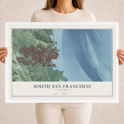 Map of South San Francisco, California, 18 x 24 inch print in a white wood frame
