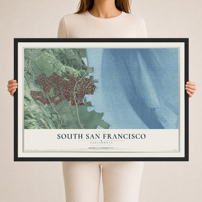 Map of South San Francisco, California, 24 x 36 inch print in a black wood frame