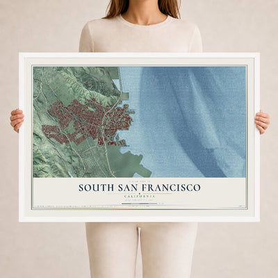 Map of South San Francisco, California, 24 x 36 inch print in a white wood frame