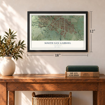 South San Gabriel, California map, 12 x 18 inch print in a black frame in an entryway