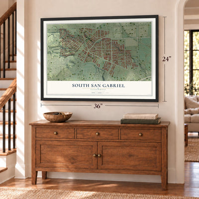 South San Gabriel, California map, 24 x 36 inch print in a black frame above a dresser by a staircase