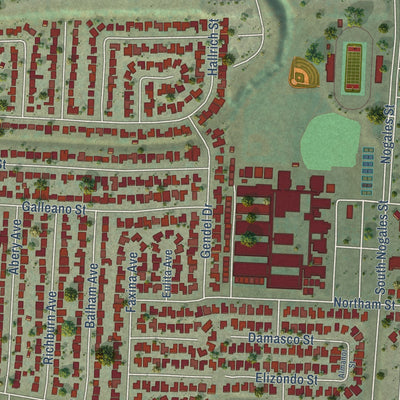 Second close-up of the map of South San Jose Hills, California print showing more streets and buildings