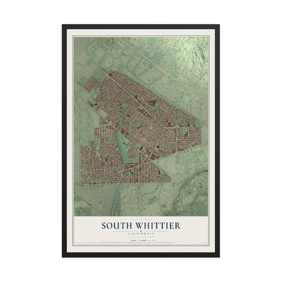 Map of South Whittier, California, 12 x 18 inch print in a black wood frame