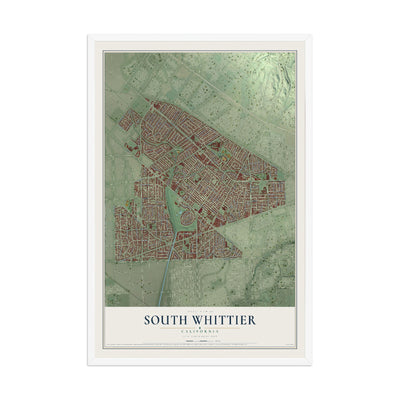 Map of South Whittier, California, 12 x 18 inch print in a white wood frame