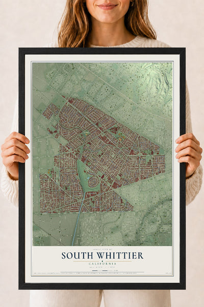 Map of South Whittier, California, 18 x 24 inch print in a black wood frame