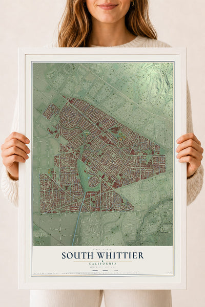 Map of South Whittier, California, 18 x 24 inch print in a white wood frame