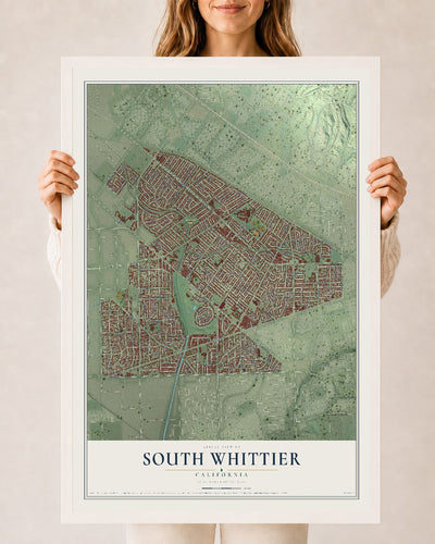 Map of South Whittier, California, 24 x 36 inch print in a white wood frame