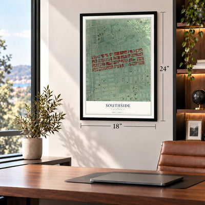 Southside, California map, 18 x 24 inch print in a black frame in a home office