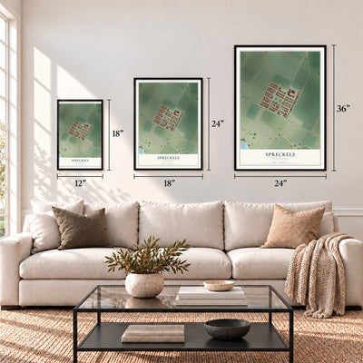 Spreckels, California map in 12 x 18, 18 x 24 and 24 x 36 inch sizes above a sofa
