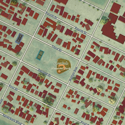 Close-up of the map of Spreckels, California print showing street and building detail