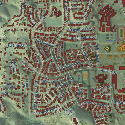 Close-up of the map of Spring Valley, California print showing street and building detail