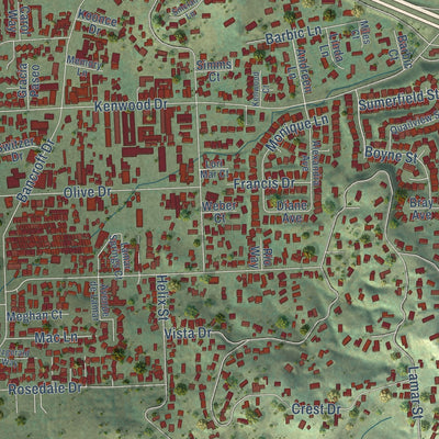Second close-up of the map of Spring Valley, California print showing more streets and buildings