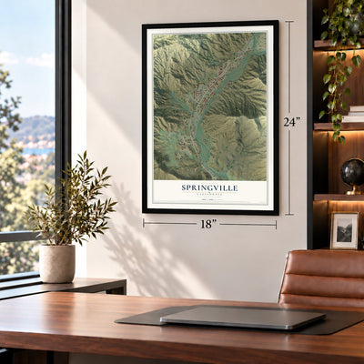 Springville, California map, 18 x 24 inch print in a black frame in a home office