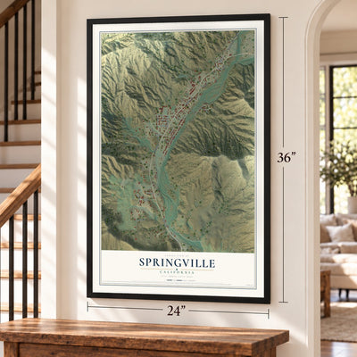 Springville, California map, 24 x 36 inch print in a black frame by a staircase