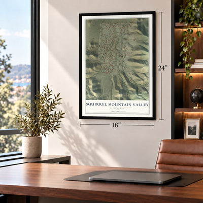 Squirrel Mountain Valley, California map, 18 x 24 inch print in a black frame in a home office