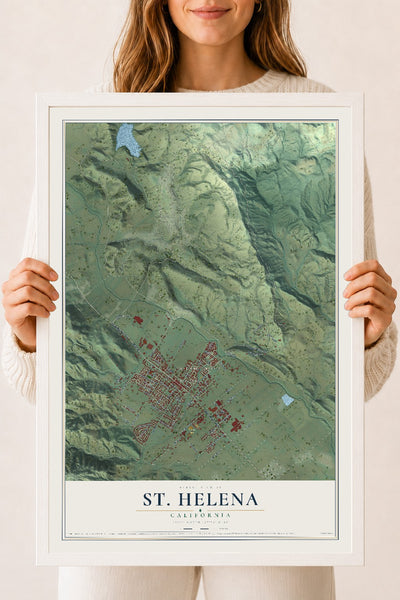 Map of St. Helena, California, 18 x 24 inch print in a white wood frame