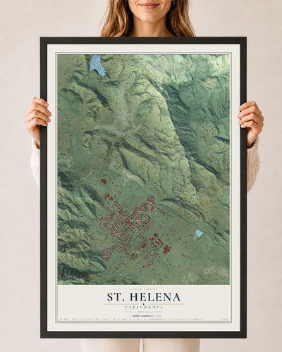 Map of St. Helena, California, 24 x 36 inch print in a black wood frame
