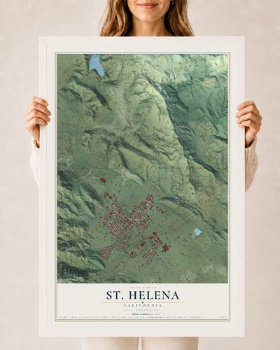 Map of St. Helena, California, 24 x 36 inch print in a white wood frame