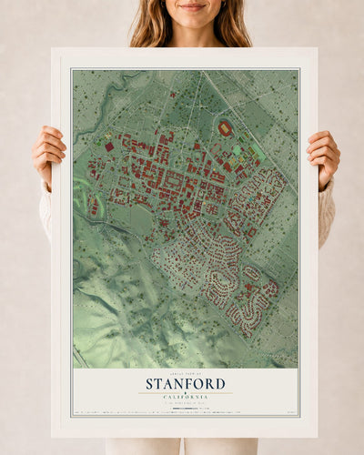 Map of Stanford, California, 24 x 36 inch print in a white wood frame