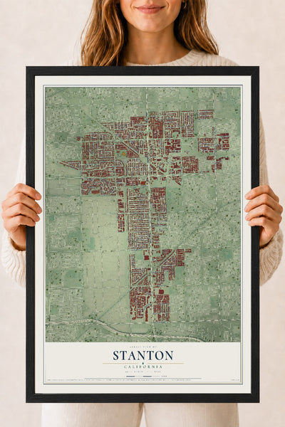 Map of Stanton, California, 18 x 24 inch print in a black wood frame