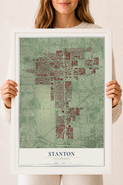 Map of Stanton, California, 18 x 24 inch print in a white wood frame