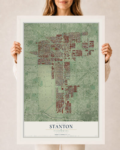 Map of Stanton, California, 24 x 36 inch print in a white wood frame