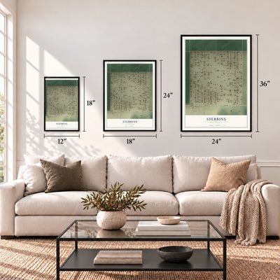Stebbins, California map in 12 x 18, 18 x 24 and 24 x 36 inch sizes above a sofa