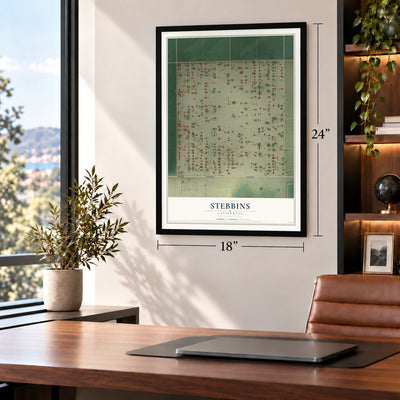 Stebbins, California map, 18 x 24 inch print in a black frame in a home office