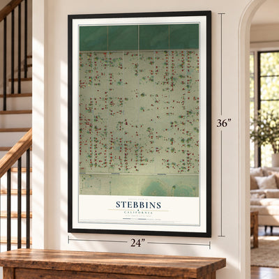 Stebbins, California map, 24 x 36 inch print in a black frame by a staircase