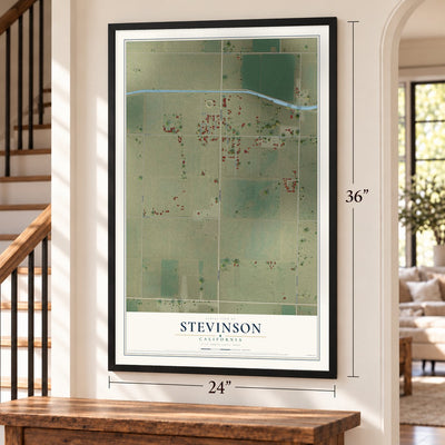 Stevinson, California map, 24 x 36 inch print in a black frame by a staircase
