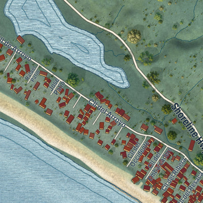 Close-up of the map of Stinson Beach, California print showing street and building detail