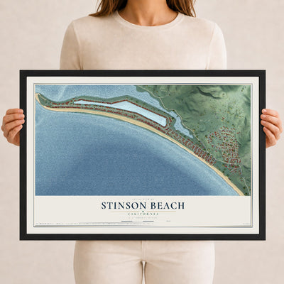 Map of Stinson Beach, California, 12 x 18 inch print in a black wood frame