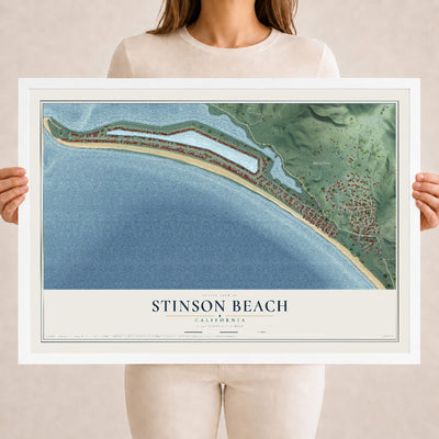 Map of Stinson Beach, California, 18 x 24 inch print in a white wood frame