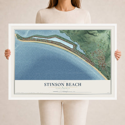 Map of Stinson Beach, California, 24 x 36 inch print in a white wood frame