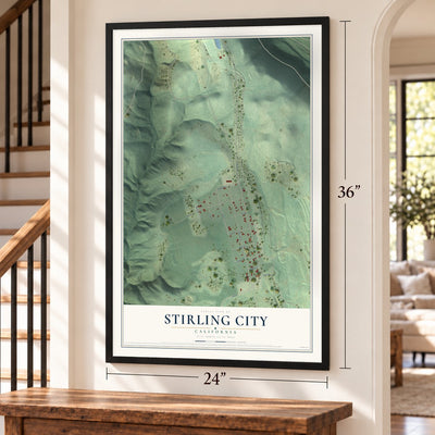 Stirling City, California map, 24 x 36 inch print in a black frame by a staircase
