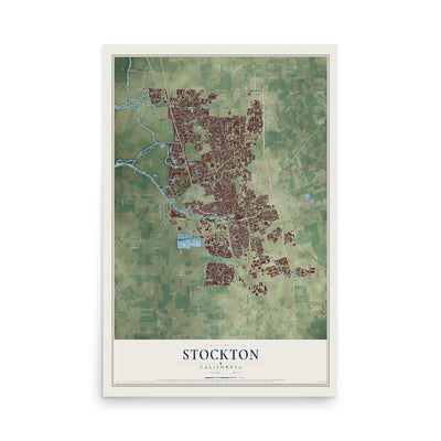 Map of Stockton, California, 12 x 18 inch unframed archival matte print