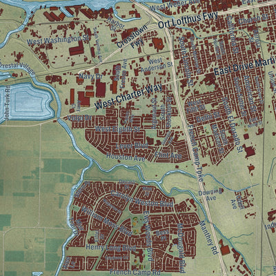 Second close-up of the map of Stockton, California print showing more streets and buildings