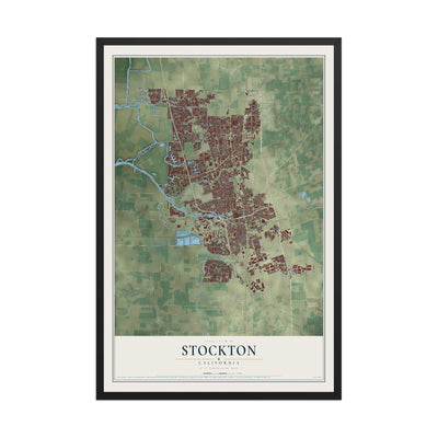 Map of Stockton, California, 12 x 18 inch print in a black wood frame