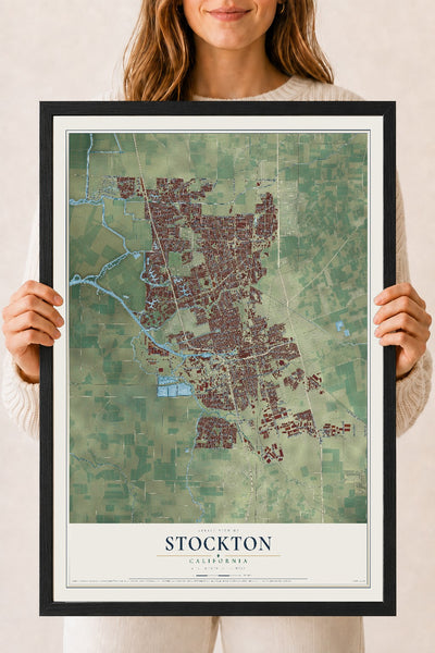 Map of Stockton, California, 18 x 24 inch print in a black wood frame