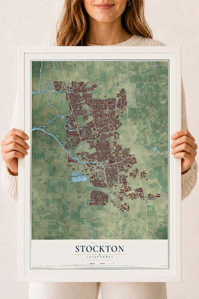 Map of Stockton, California, 18 x 24 inch print in a white wood frame