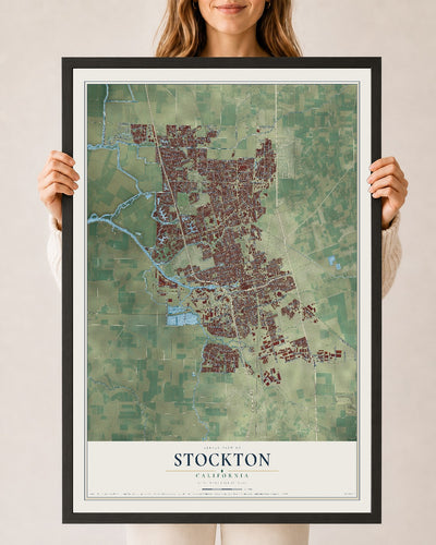 Map of Stockton, California, 24 x 36 inch print in a black wood frame