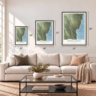 Stones Landing, California map in 12 x 18, 18 x 24 and 24 x 36 inch sizes above a sofa